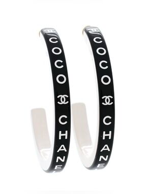 NEW CHANEL Black + White Resin COCO CHANEL Logo 1/2 Moon Large Hoop Earrings NIB